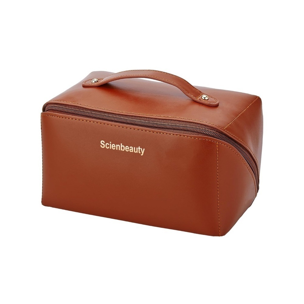 Scienbeauty Large Travel Makeup Bag Brown Vegan Leather Open Flat Cosmetic Case